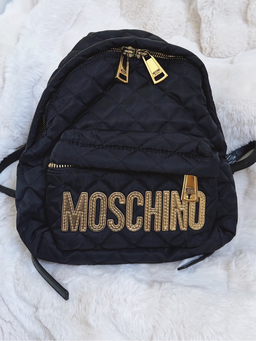 Moschino Black Quilted Backpack with Gold Hardware